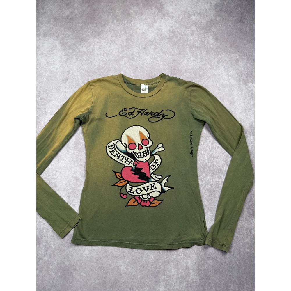 VTG Y2K Ed Hardy Christian Audigier Green Death Love Skull Graphic Long Sleeve S